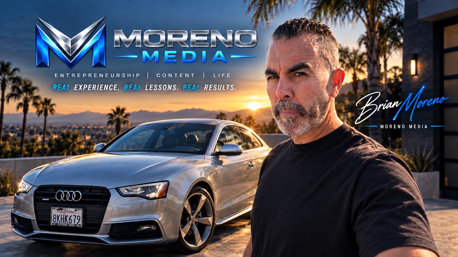 Brian Moreno with a silver Audi and Moreno Media branding
